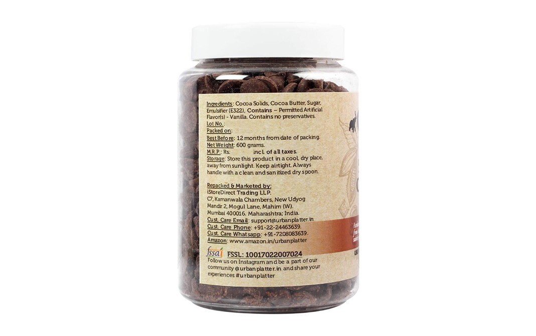 Urban Platter Vegan 55% Dark Chocolate Buttons   Plastic Jar  600 grams